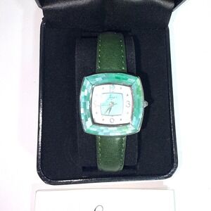 Aria Watches Women Square Mother of Pearl Green Leather Band Analog Watch